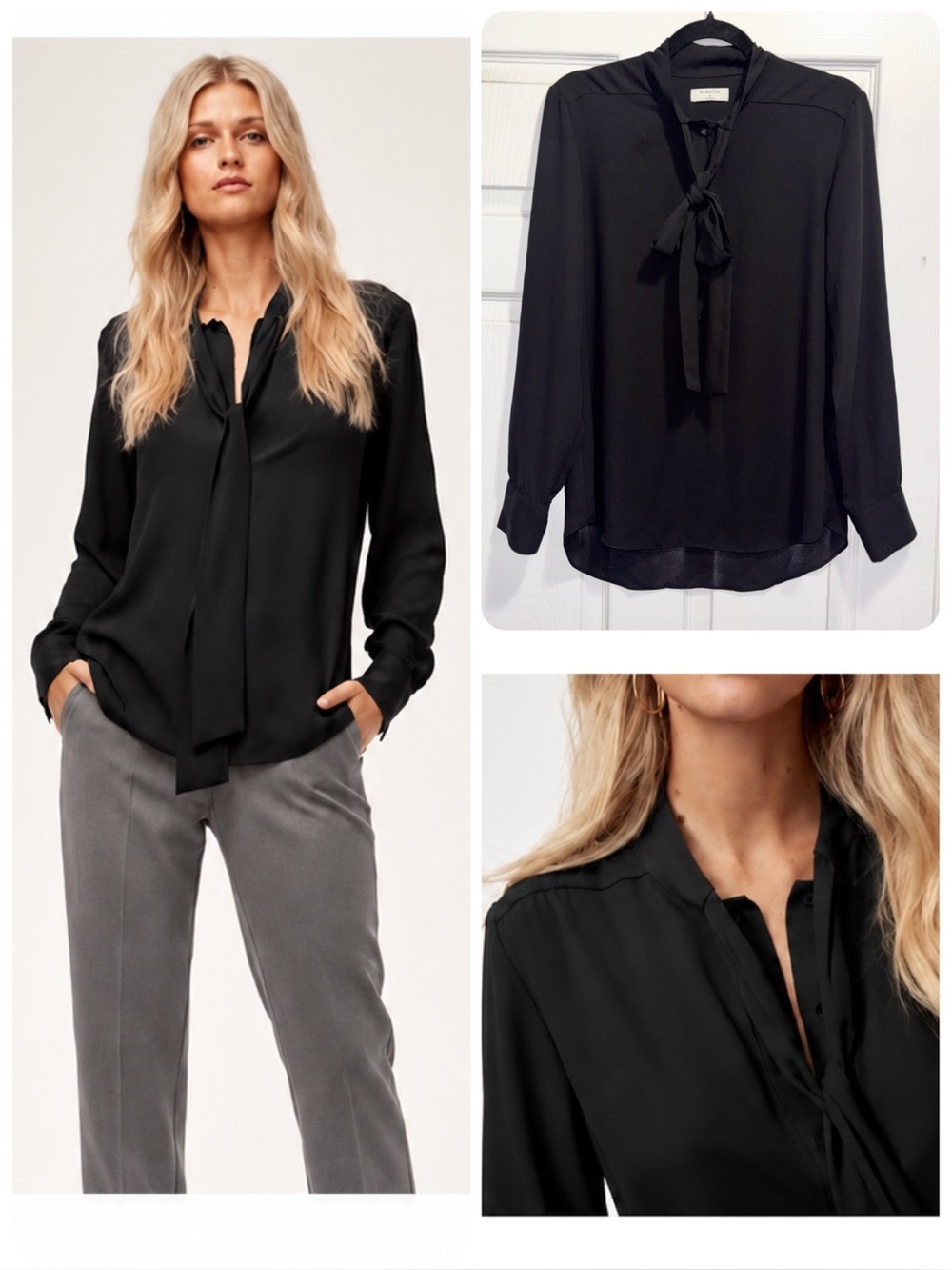 Aritzia Babaton Piero Bow Tie Blouse Black Long Sleeve Top Size Small